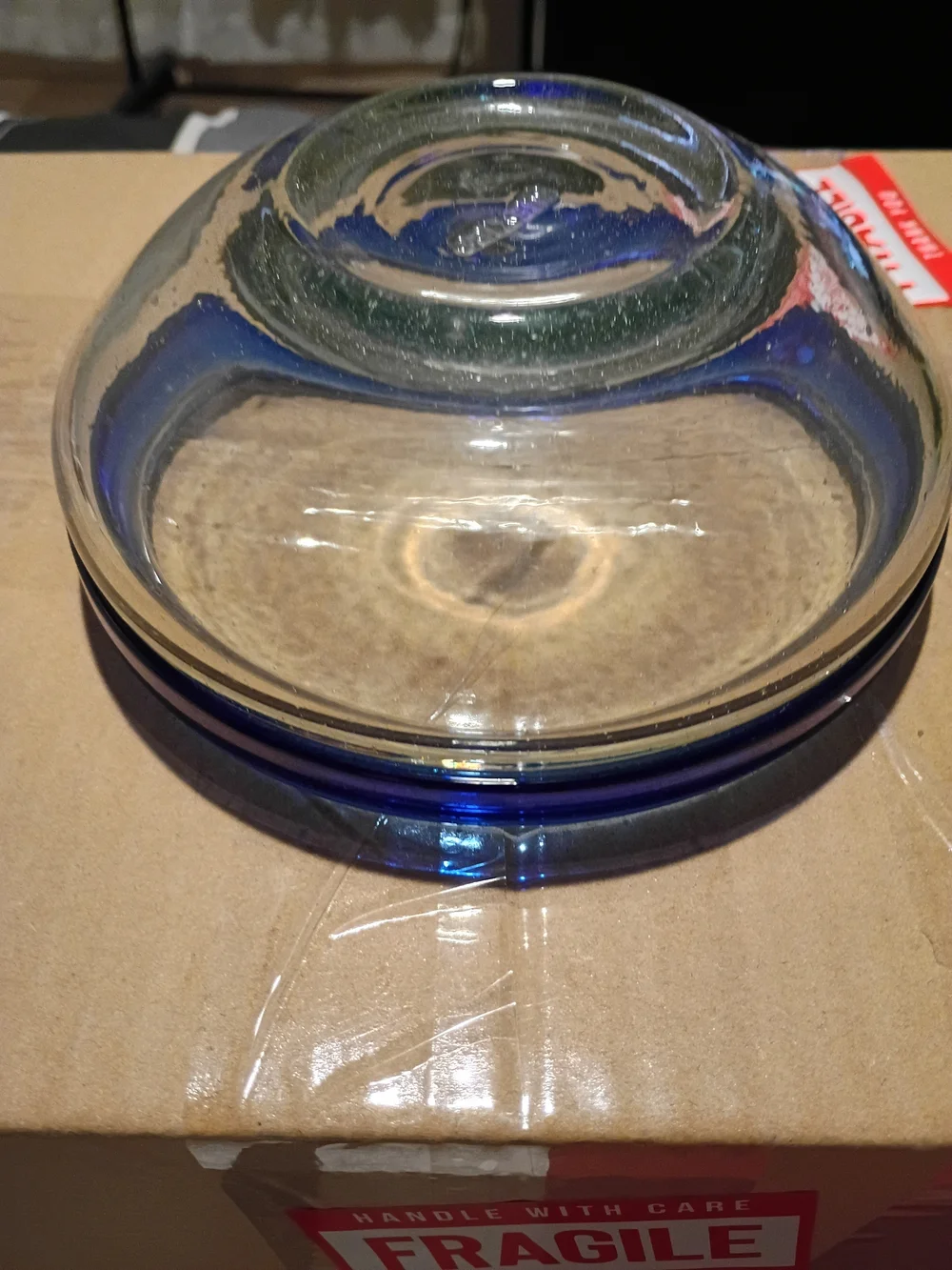 Hand Blown Mexican Glass Bowl Cobalt Blue Rim GUC